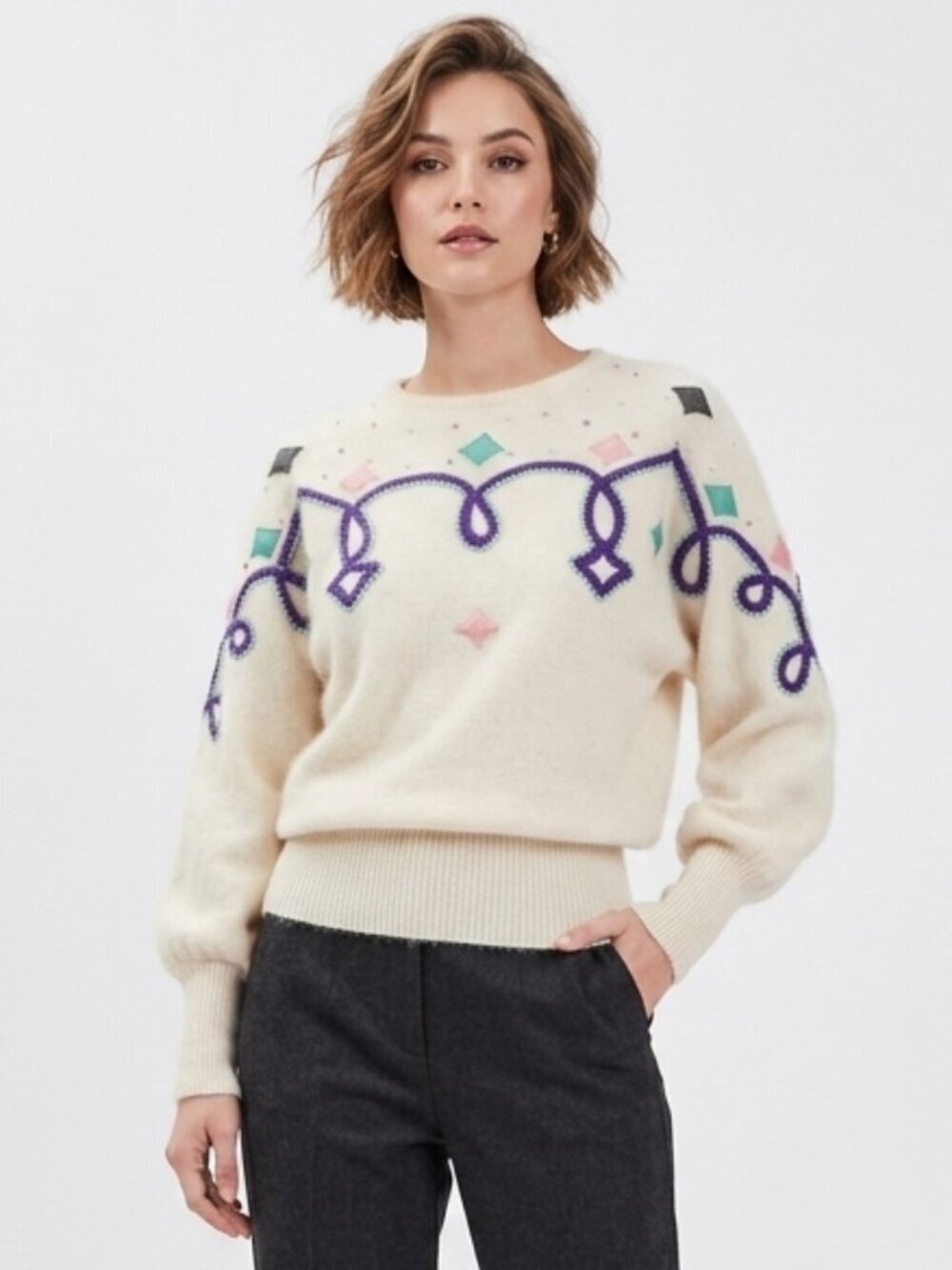 Vintage 80s Pastel Angora Geometric Sweater Cream Ivory Large - Picture 2 of 14
